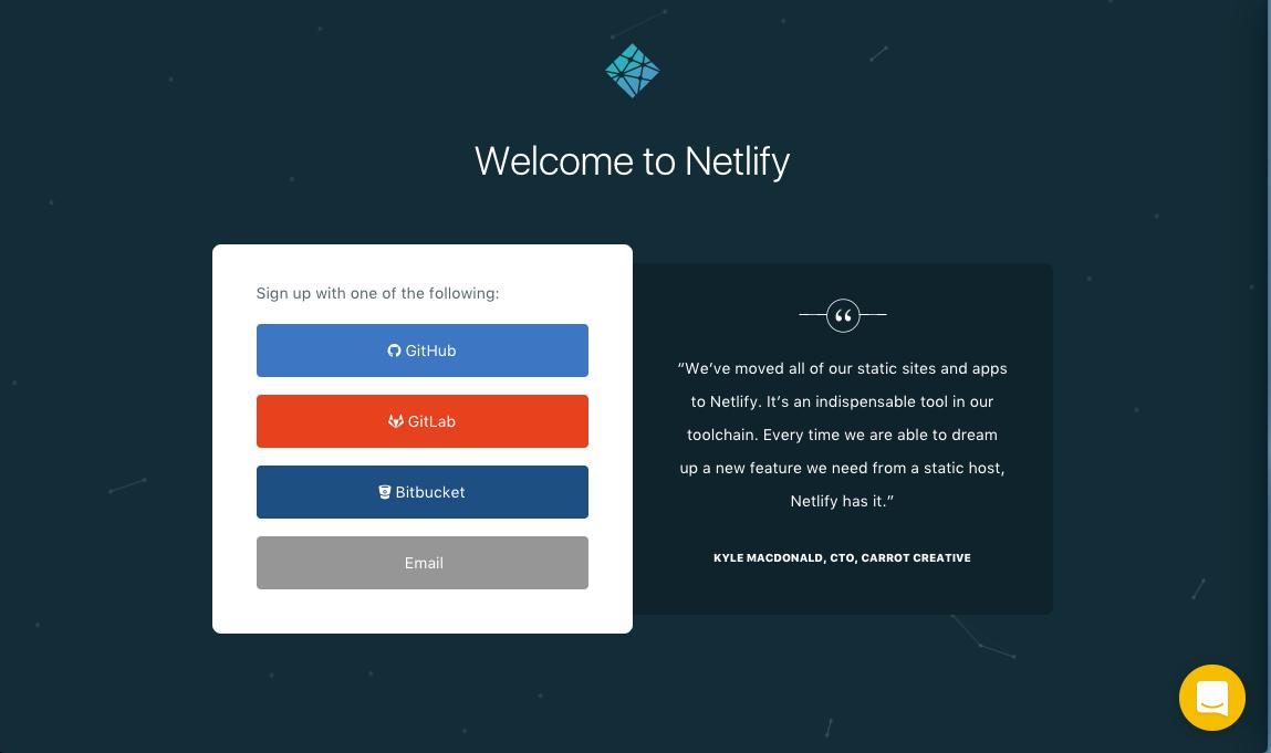 app.netlify.com 的首页截图，包含链接到最受欢迎的托管 Git 方案